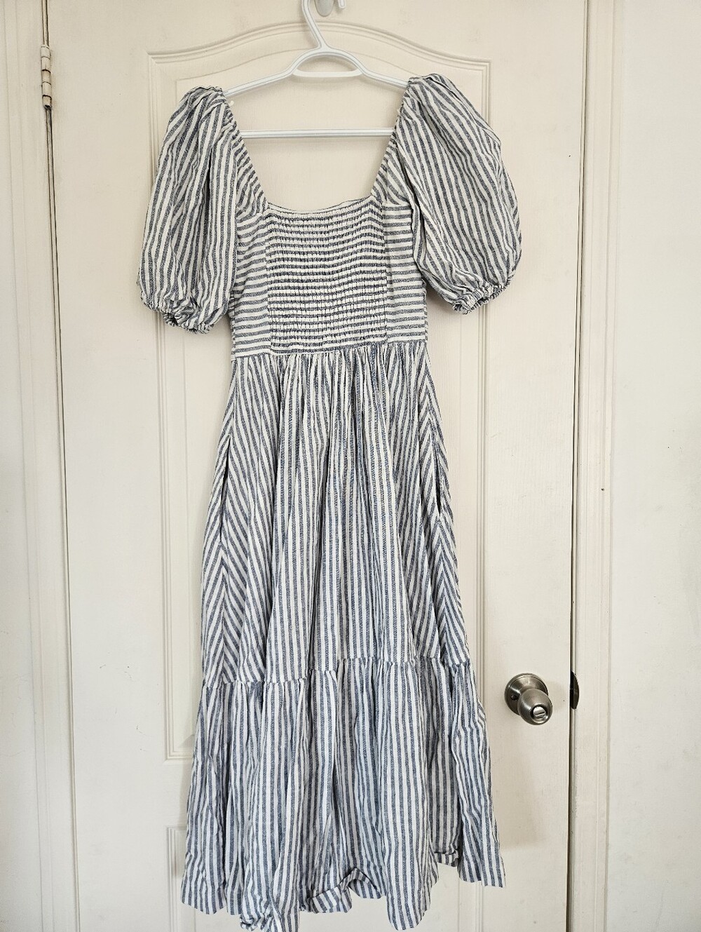 Abercrombie & Fitch Blue Stripe Puff Sleeve Midi Dress Cottagecore Smocked XS - Picture 3 of 10